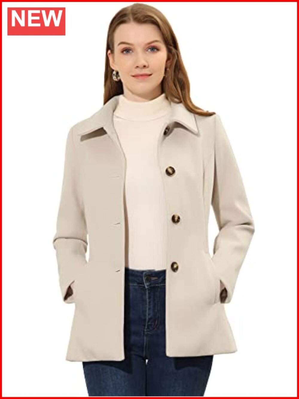 Women's Winter Pea Coat - Single Breasted, Fully Lined, 100% Polyester